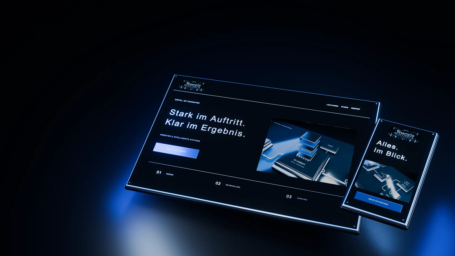 JokerSystems Designstudio: Website, Content-Serie und Automatisierung in Chrom, Graphit und Blau.